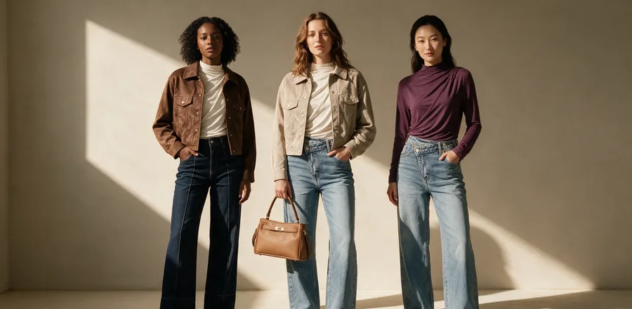 Tres mujeres con chaqueta de antelina, vaqueros de pierna ancha y bolso de Women Essential